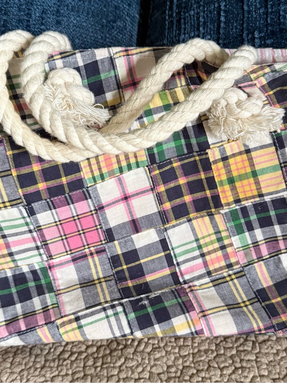 Plaid Patchwork Tote Bag with Rope Handles - Multicolor